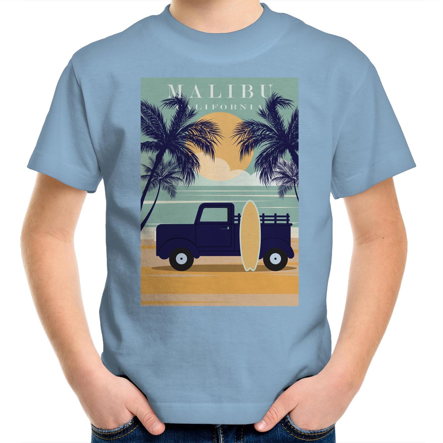 Malibu California - Kids T-Shirt. Arty Threads Australia - Unique art t-shirts and tote bags featuring cool, vibrant artwork for all ages.